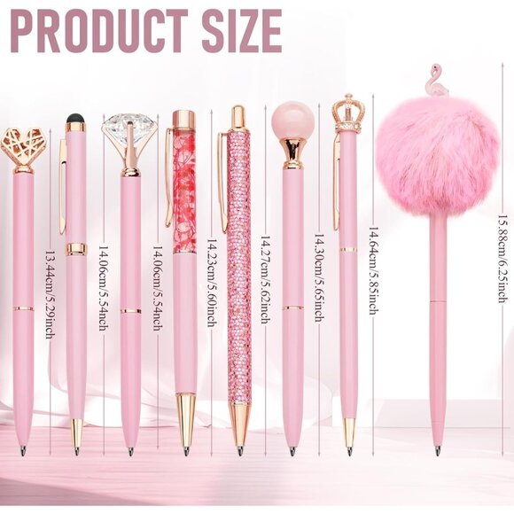 8Pcs Ballpoint Pens Set Metal Crystal Diamond Glitter for Journaling Pink Pen Bl - Picture 2 of 9